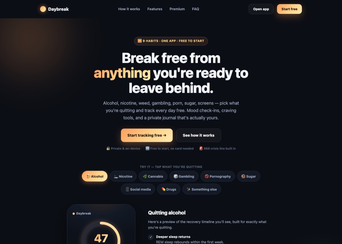 Daybreak sobriety and mood tracking app